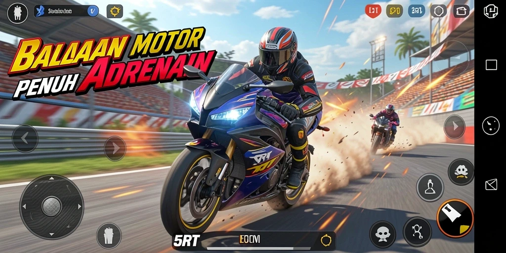 Tampilan gameplay penuh aksi di 5RT dengan motor balap.