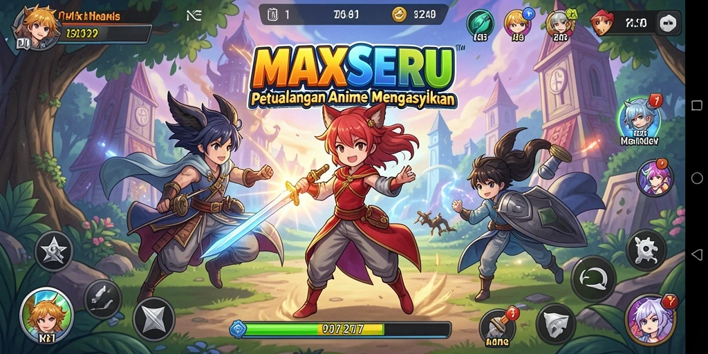 Tangkapan layar gameplay MAXSERU menampilkan karakter anime yang beraksi.