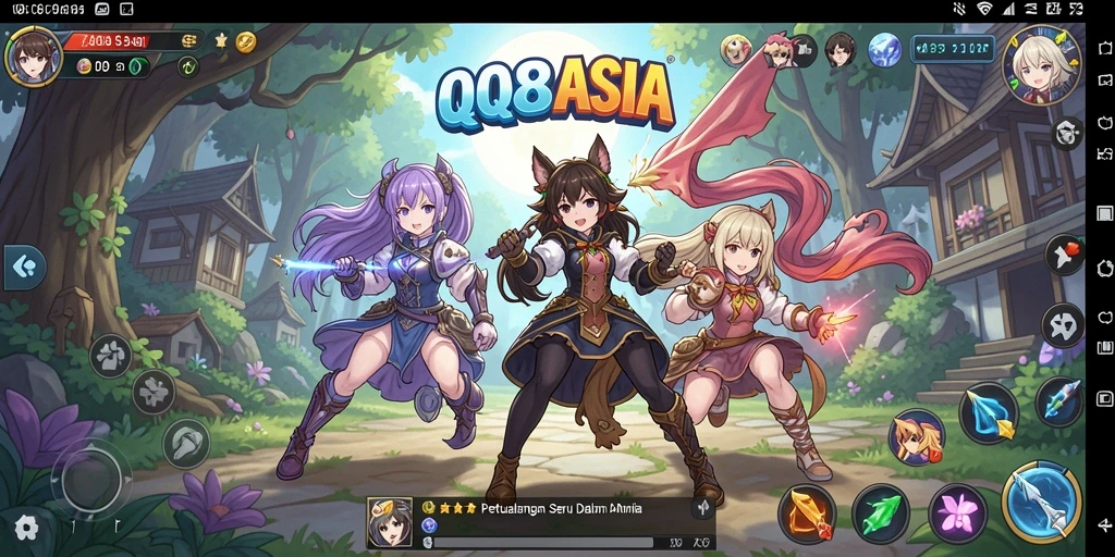 Tangkapan layar gameplay QQ88ASIA menampilkan karakter anime yang bergerak dinamis.