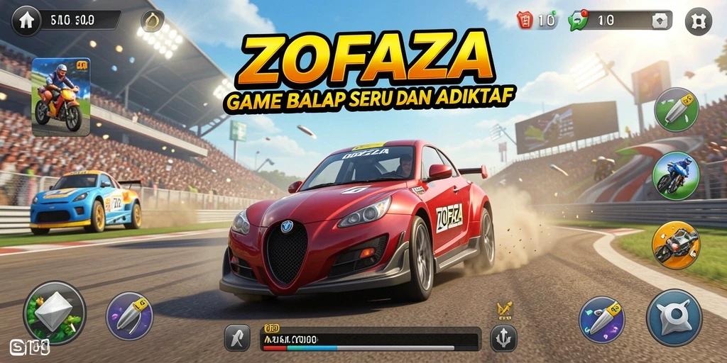 Tampilan gameplay menegangkan di ZOFAZA dengan mobil balap beraksi.